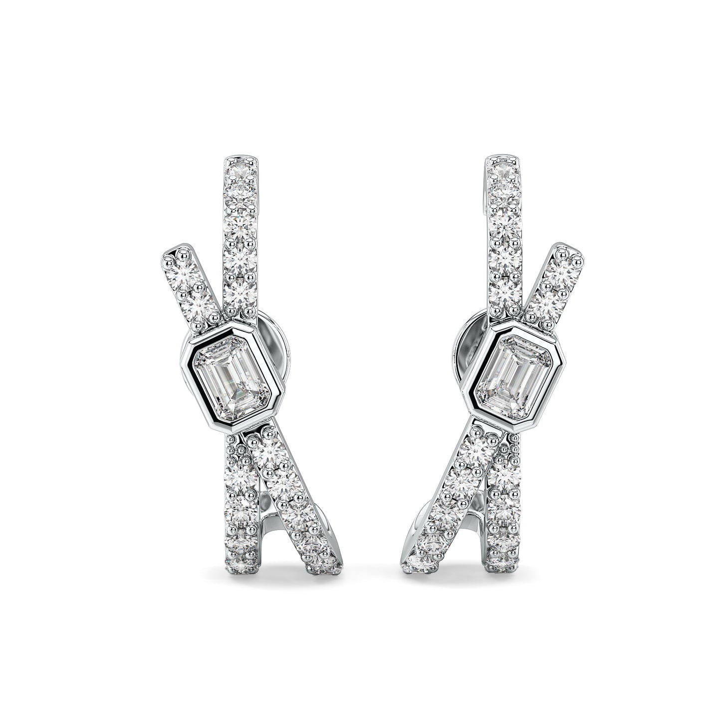 KATE BEZEL SET EMERALD CUT DIAMOND STUDDED HOOPS IN A FANCY SETTING, GOLD