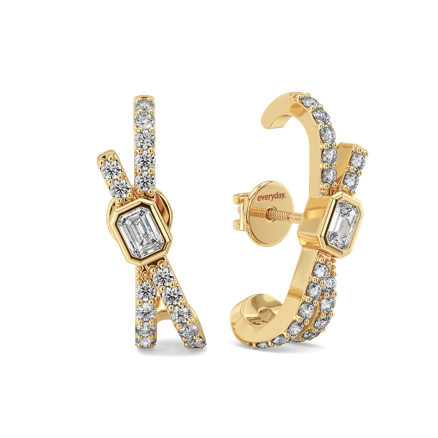 KATE BEZEL SET EMERALD CUT DIAMOND STUDDED HOOPS IN A FANCY SETTING, GOLD