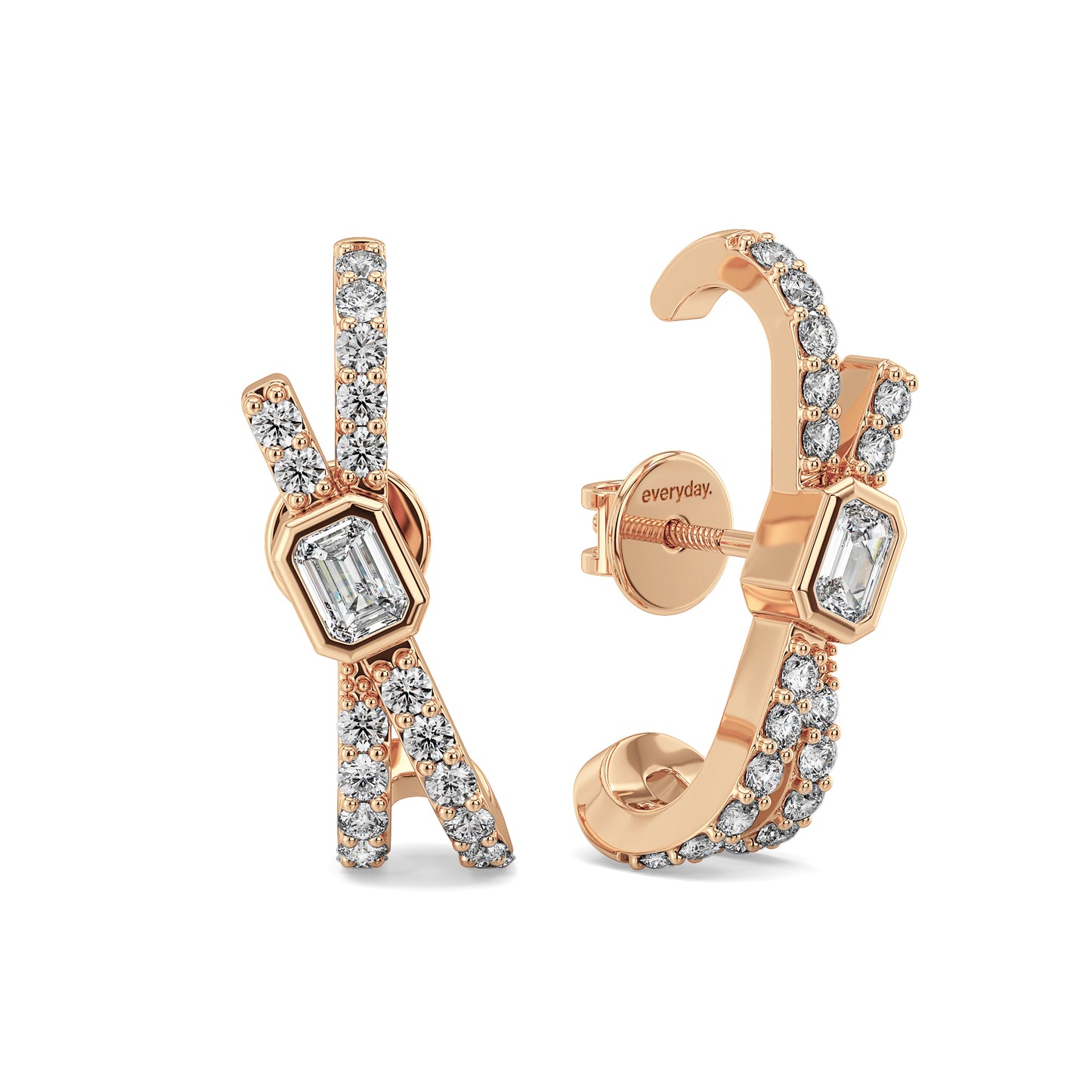 KATE BEZEL SET EMERALD CUT DIAMOND STUDDED HOOPS IN A FANCY SETTING, GOLD