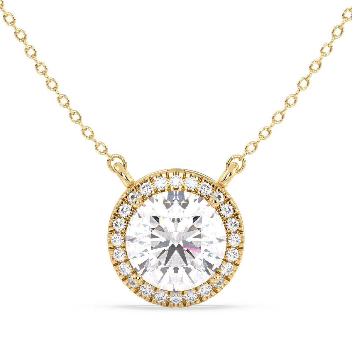 SOPHIA HALO ROUND CUT SOLITAIRE, RIVIÈRE NECKLET, GOLD