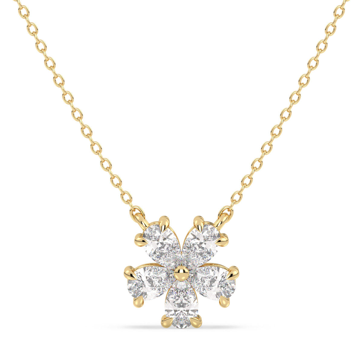 MARGUERITE PEAR CUT DIAMOND FIVE PETAL FLOWER NECKLET, GOLD