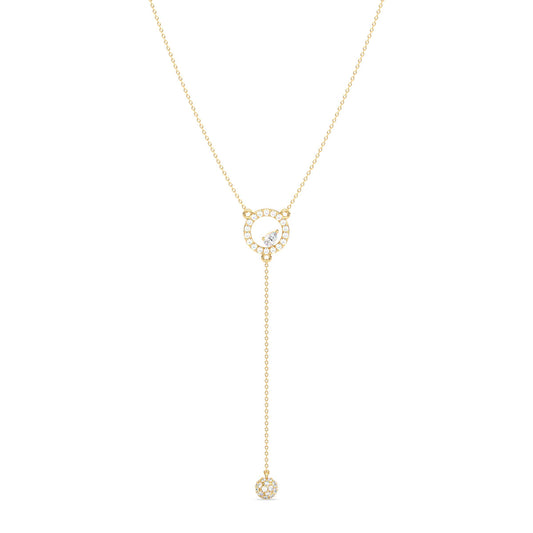 SOPHIA LARIAT HALO SET ROUND AND PEAR CUT DIAMOND NECKLACE, GOLD