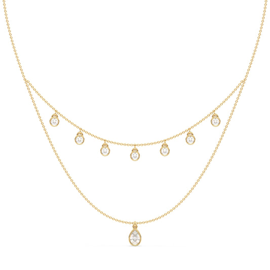 CLARETTE LAYERED BEZEL SET PEAR ANC ROUND CUT NECKLACE, GOLD