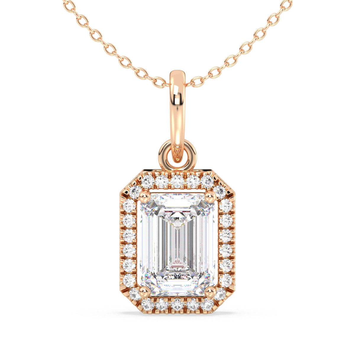 KATE HALO EMERALD CUT SOLITAIRE PENDANT, GOLD