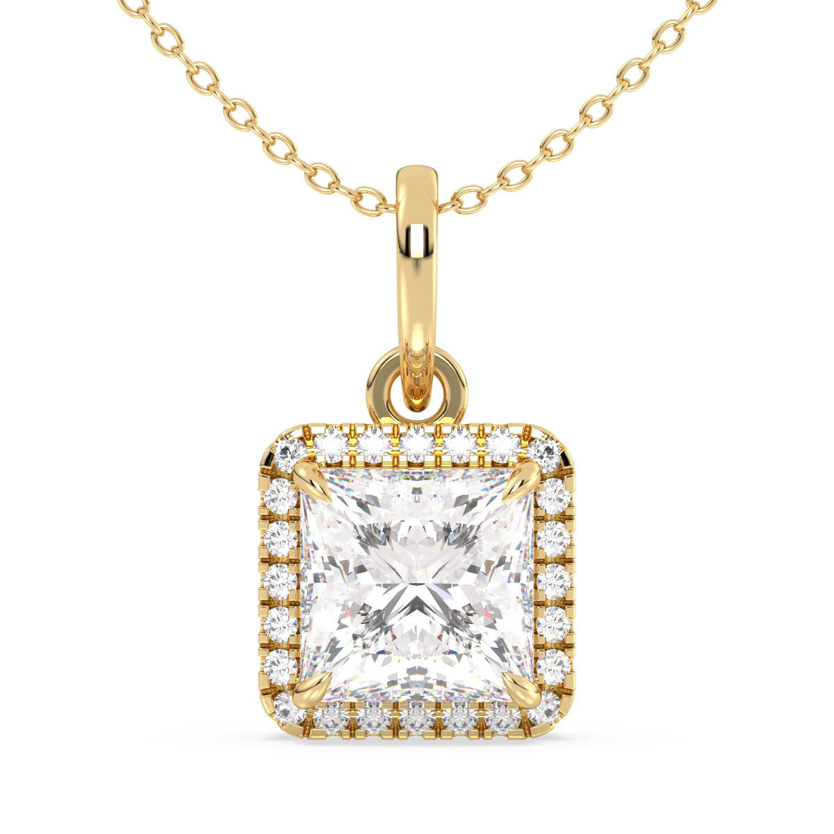 AZALEA HALO PRINCESS CUT SOLITAIRE PENDANT, GOLD