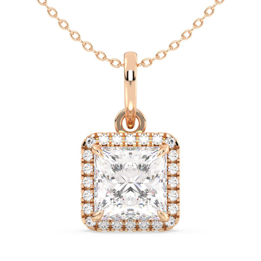 AZALEA HALO PRINCESS CUT SOLITAIRE PENDANT, GOLD