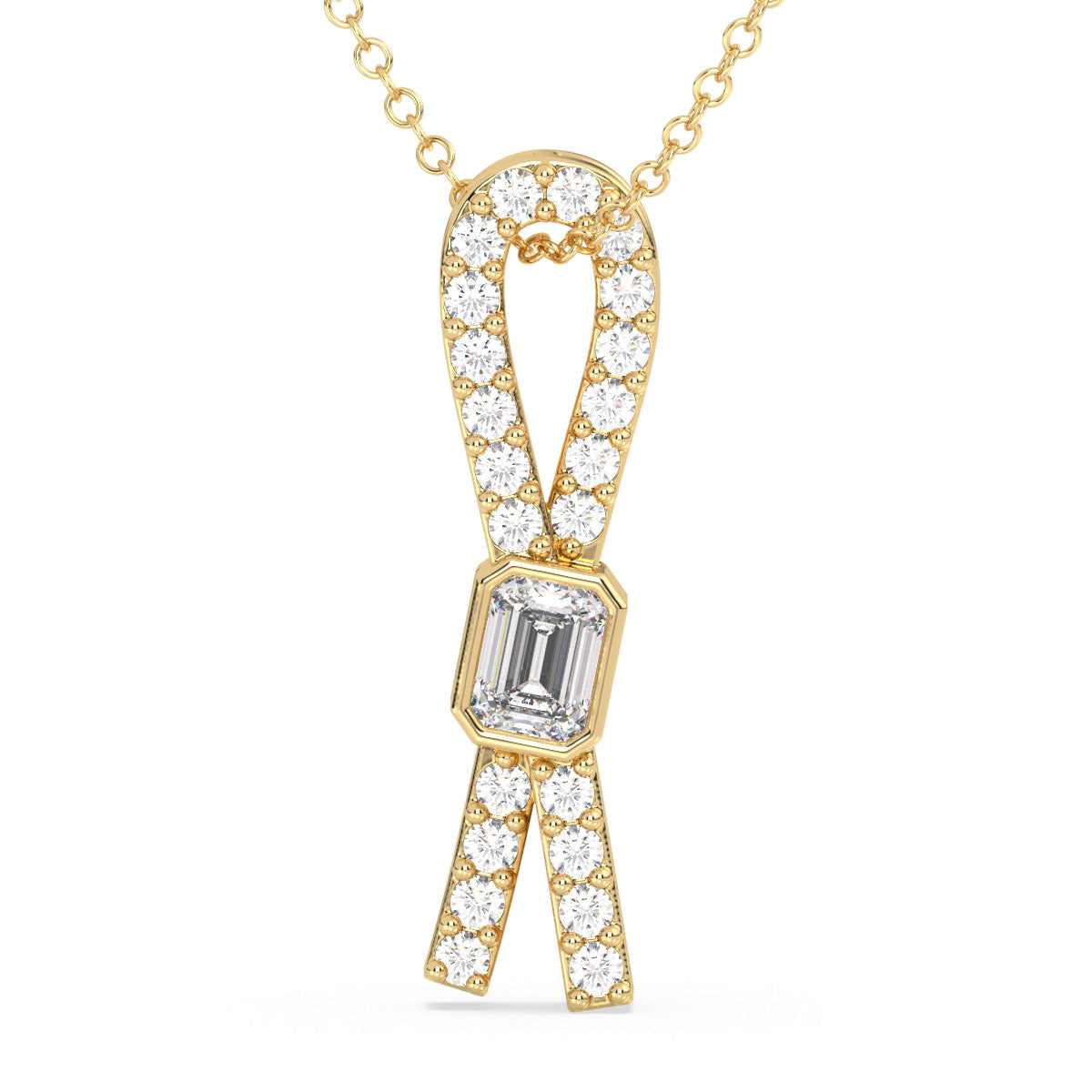 KATE EMERALD CUT DIAMOND SET IN A STUDDED BOW PENDANT, GOLD