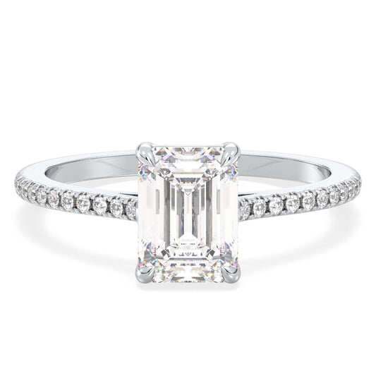 KATE EMERALD CUT SOLITAIRE RING WITH SIDE STONES, GOLD