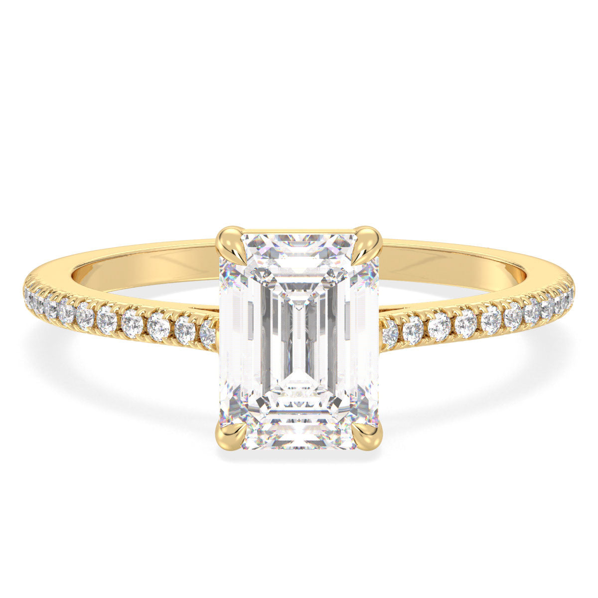 KATE EMERALD CUT SOLITAIRE RING WITH SIDE STONES, GOLD