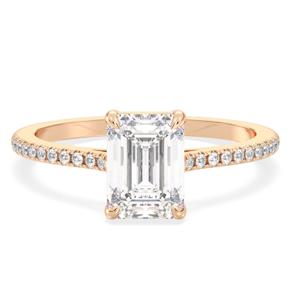 KATE EMERALD CUT SOLITAIRE RING WITH SIDE STONES, GOLD