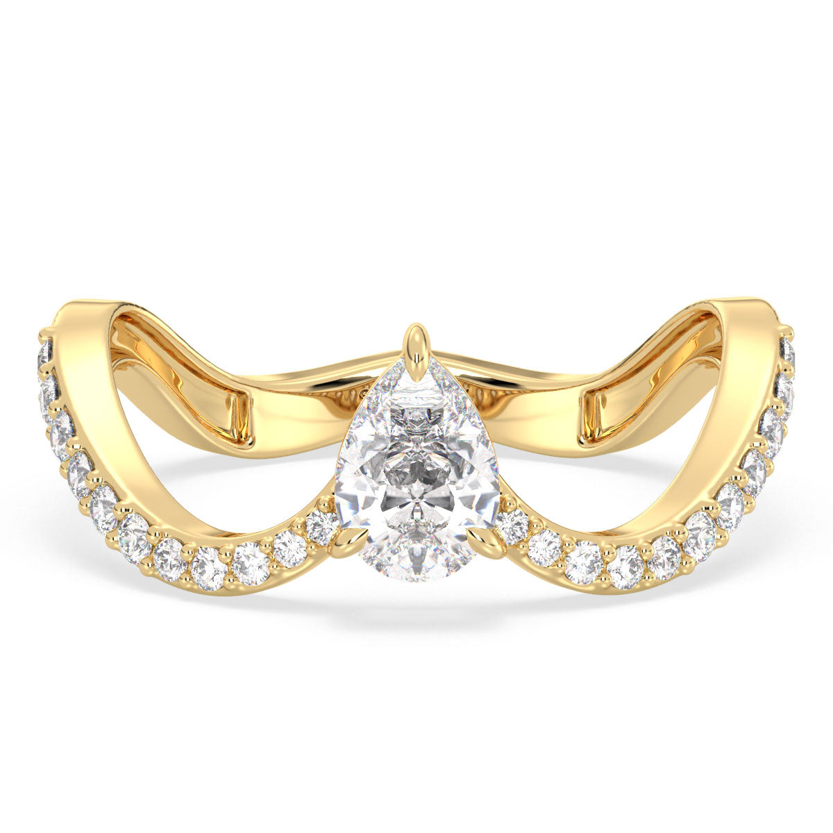 AMARA PEAR CUT SOLITAIRE IN A STUDDED CURVED SHANK RING, GOLD