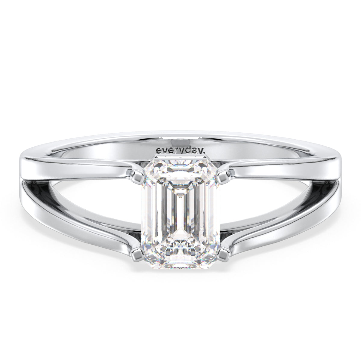 KATE EMERALD CUT SOLITAIRE SPLIT SHANK RING, GOLD