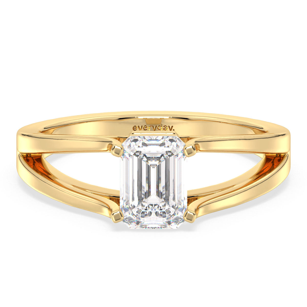 KATE EMERALD CUT SOLITAIRE SPLIT SHANK RING, GOLD