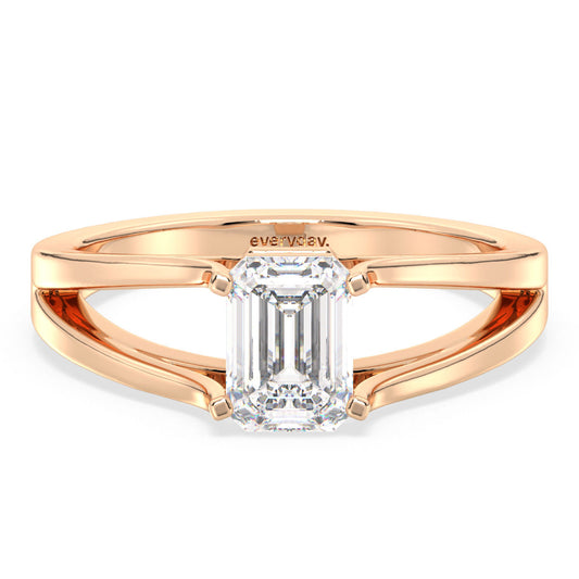 KATE EMERALD CUT SOLITAIRE SPLIT SHANK RING, GOLD