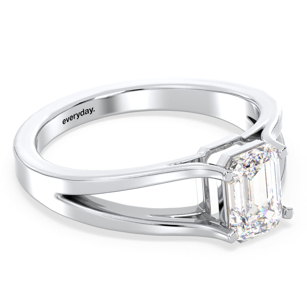 KATE EMERALD CUT SOLITAIRE SPLIT SHANK RING, GOLD