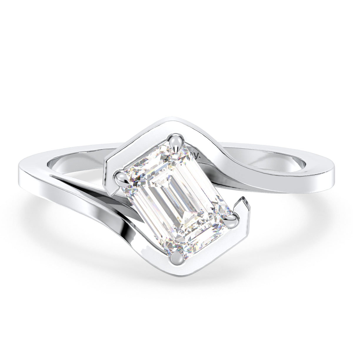 KATE EMERALD CUT SOLITAIRE STYLIZED BYPASS RING, GOLD