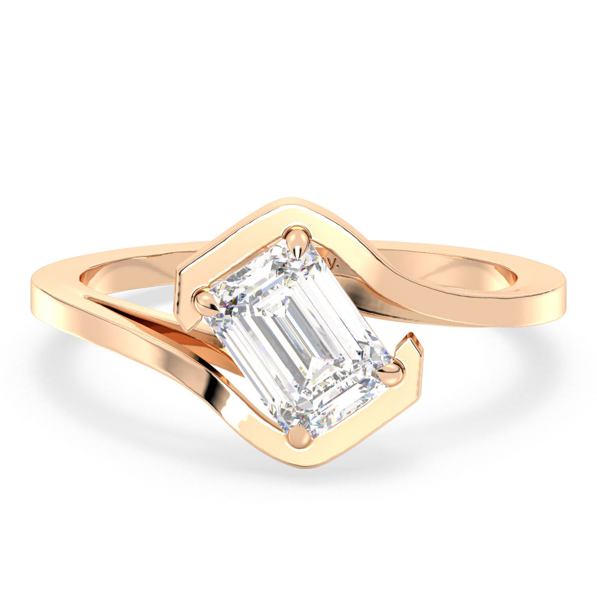 KATE EMERALD CUT SOLITAIRE STYLIZED BYPASS RING, GOLD