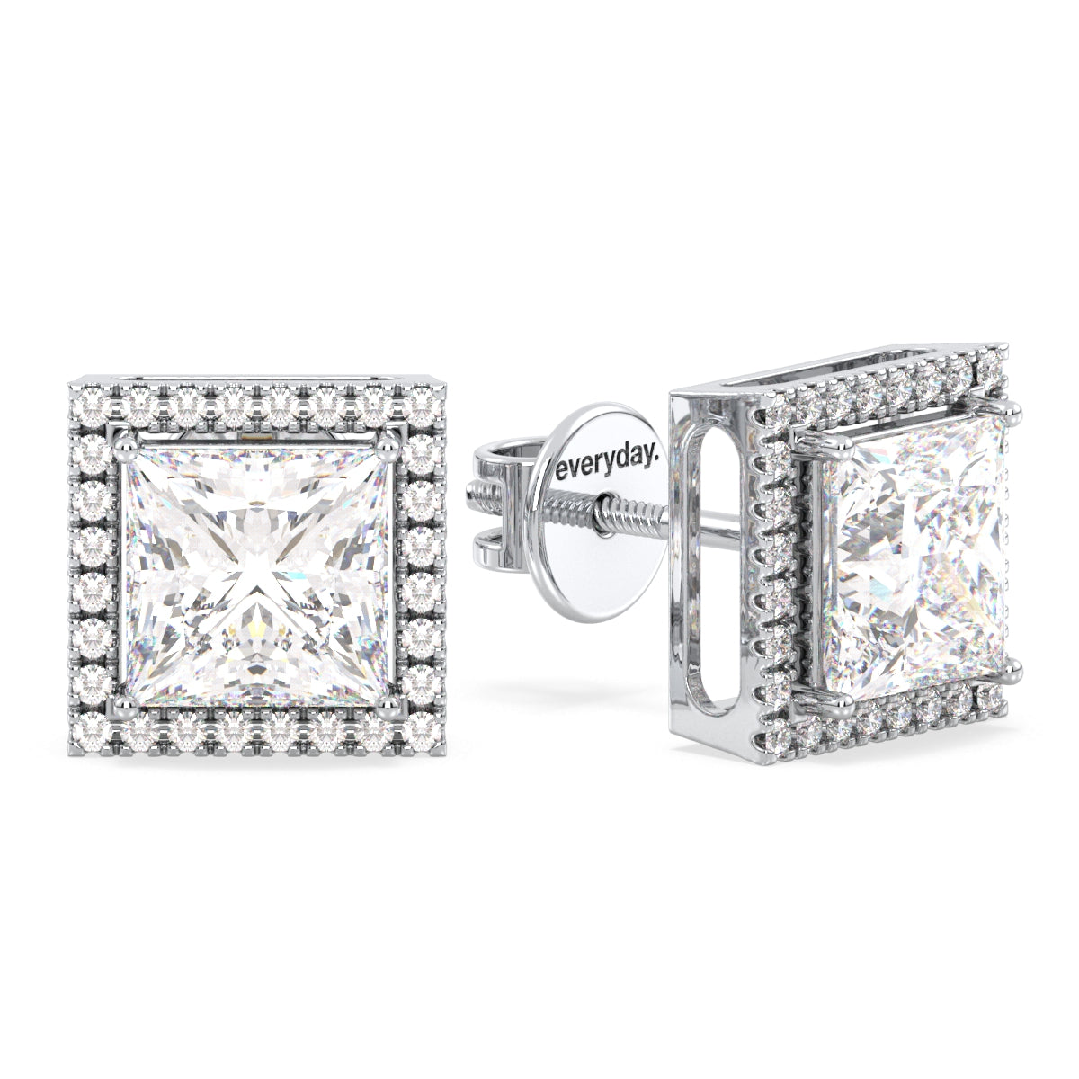 AZALEA HALO PRINCESS CUT SOLITAIRE EAR STUDS, GOLD