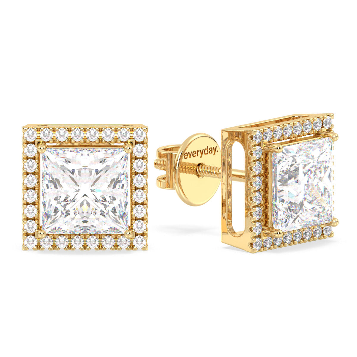 AZALEA HALO PRINCESS CUT SOLITAIRE EAR STUDS, GOLD