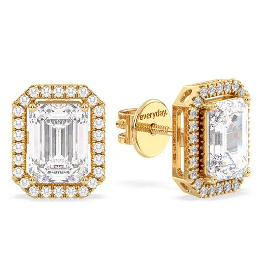 KATE HALO EMERALD CUT SOLITAIRE EAR STUDS, GOLD