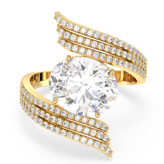 IRENE OVAL CUT SOLITAIRE BYPASS RING WITH A WAVY STUDDED SHANK, GOLD