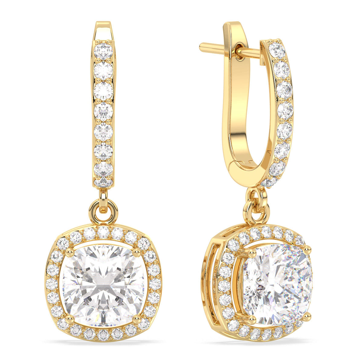 DAMAS HALO CUSHION CUT SOLIATIRE HOOPS, GOLD