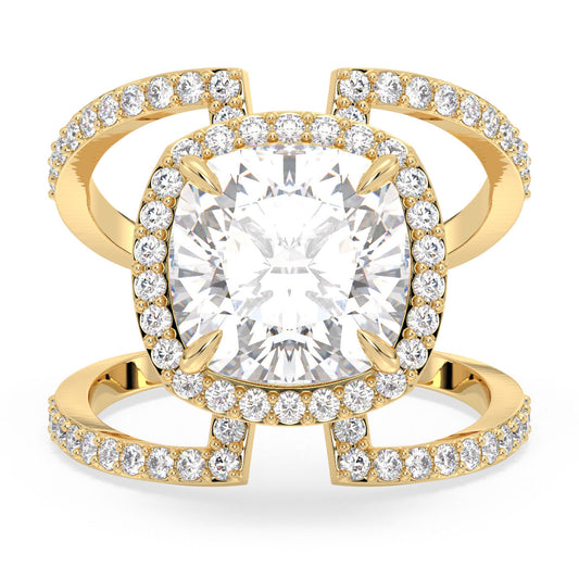 DAMAS HALO CUSHION CUT SOLITAIRE RING WITH A CURVED SHANK, GOLD