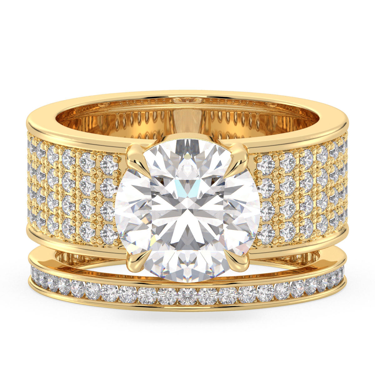 HEATHER ROUND CUT SOLITAIRE BULKY COCKTAIL RING WITH SIDE STONES, GOLD